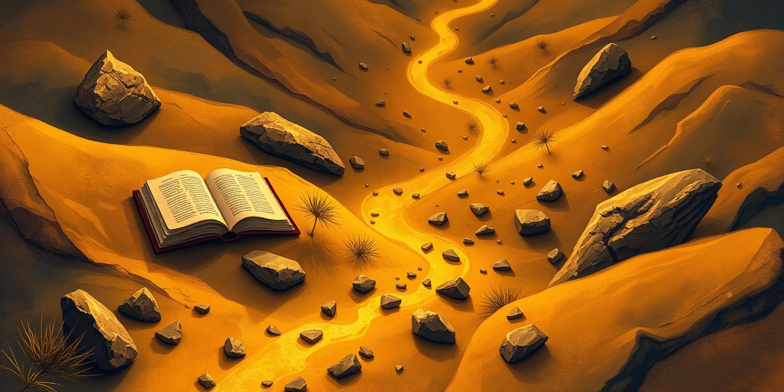 Trilha dourada atravessando um deserto com escrituras abertas